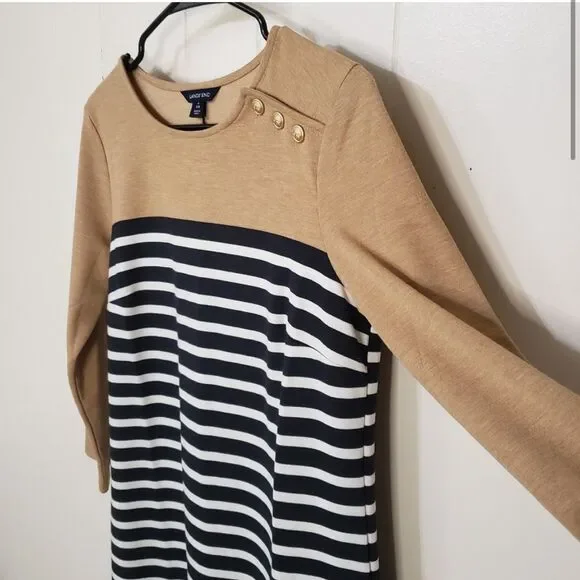 Lands End Striped three-quarter sleeve, navy tan cream colors size 6-8 - Picture 4 of 9
